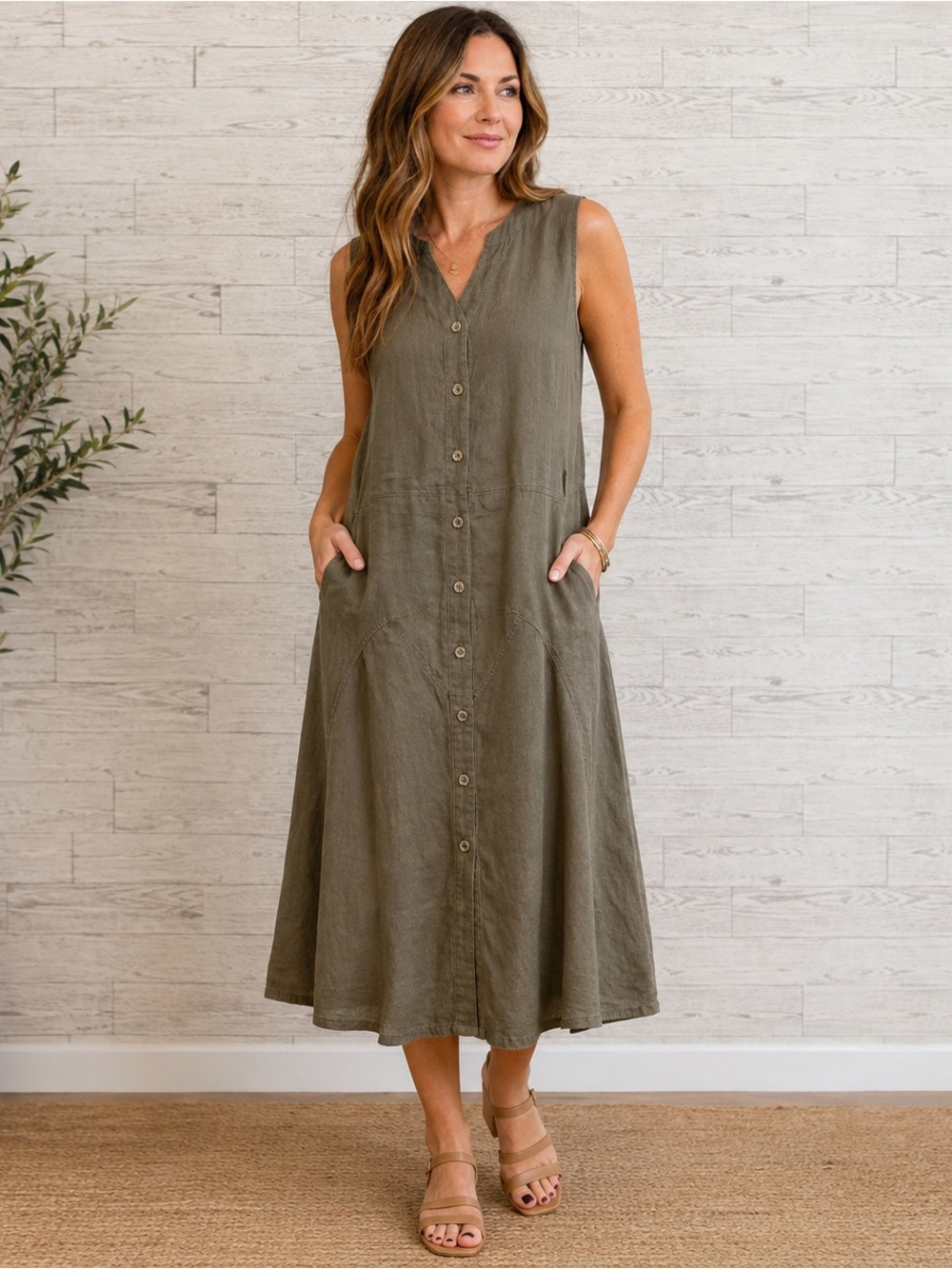 100% Linen Malvin Hamburg Germany Linen Olive Utility Midi Dress S US 6